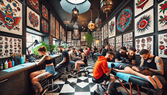 busy tattoo studio using tattoo numbing cream