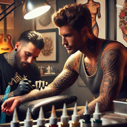 celebrity getting tattooed in a parlor, with the artist carefully working on their arm while the celebrity looks relaxed.