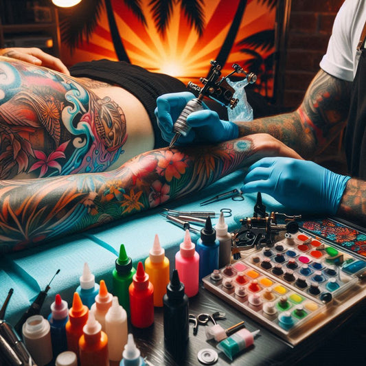 a colorful and vibrant tattoo session in a studio with an artist working on a client's tattoo, featuring tattoo guns, needles, ink bottles, and a Florida-themed backdrop with palm trees