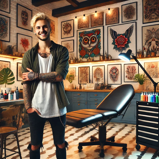 A tattoo artist proudly showing off their tattoo studio, standing in the center of a well-organized and vibrant space.