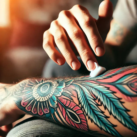 A close-up of a person applying lotion over a freshly healed tattoo on their forearm. The tattoo is vibrant and well-defined, depicting intricate artwork