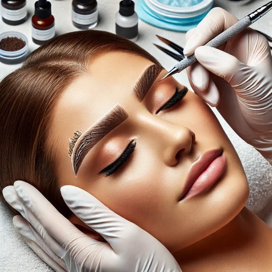 A close-up of a beauty technician performing microblading on a client's eyebrows. The technician is using a fine blade tool to create hair-like stroke