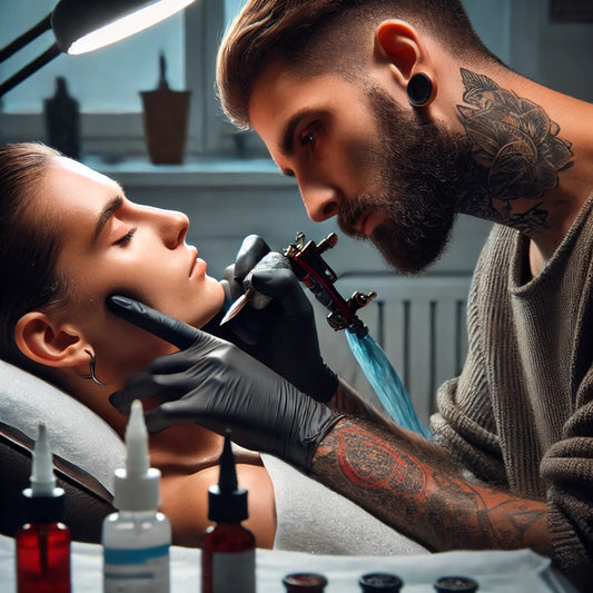 Here is the image of a tattoo session focused on the face, showing the artist carefully working on the client's cheek. The scene captures the intensity of the moment in a typical tattoo studio setting.