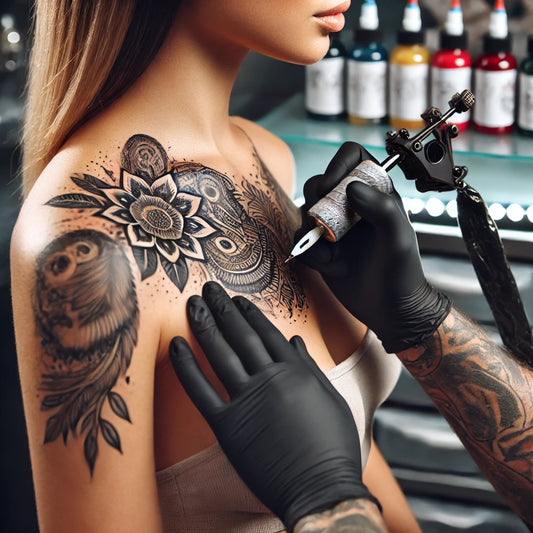 woman's chest being tattooed in a professional tattoo studio