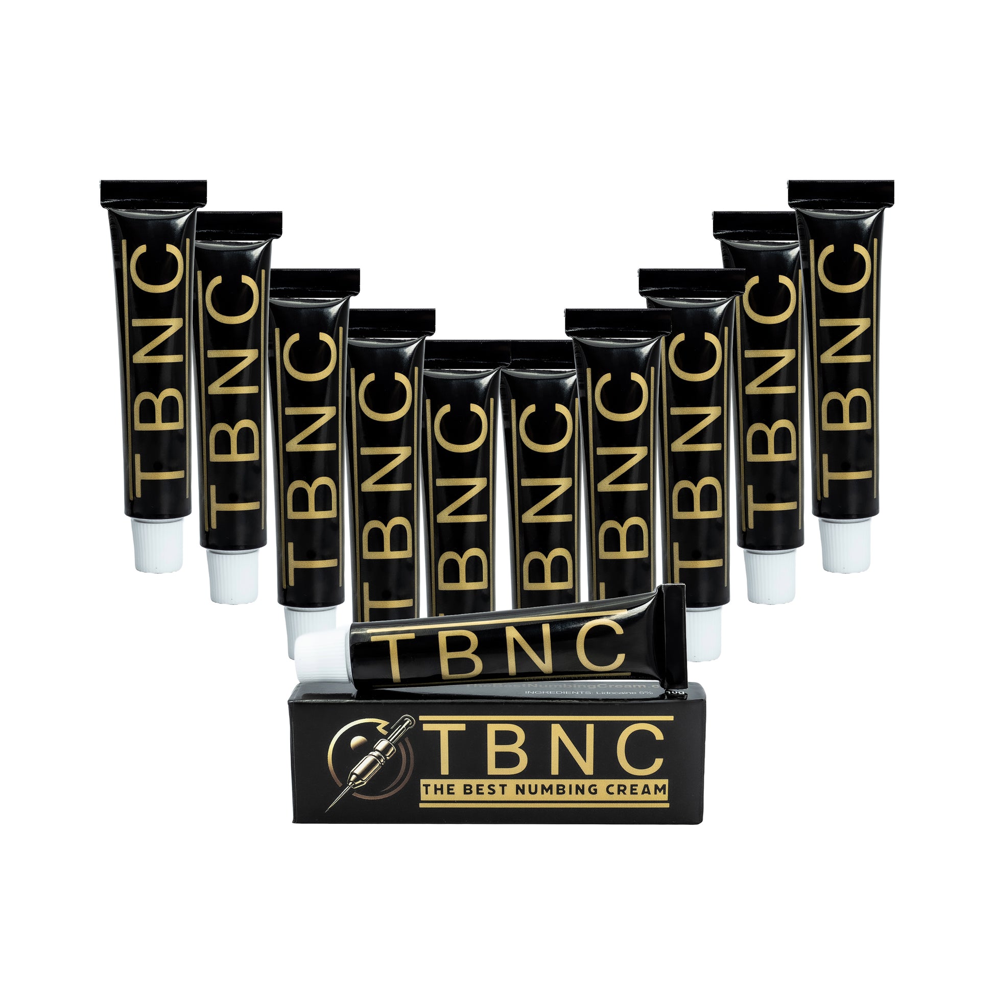 Ten upright black TBNC - The Best Numbing Cream tubes and a box are shown with two more tubes in front. The box says "TBNC - The Best Numbing Cream - 10 Pack," perfect for effective tattoo numbing.