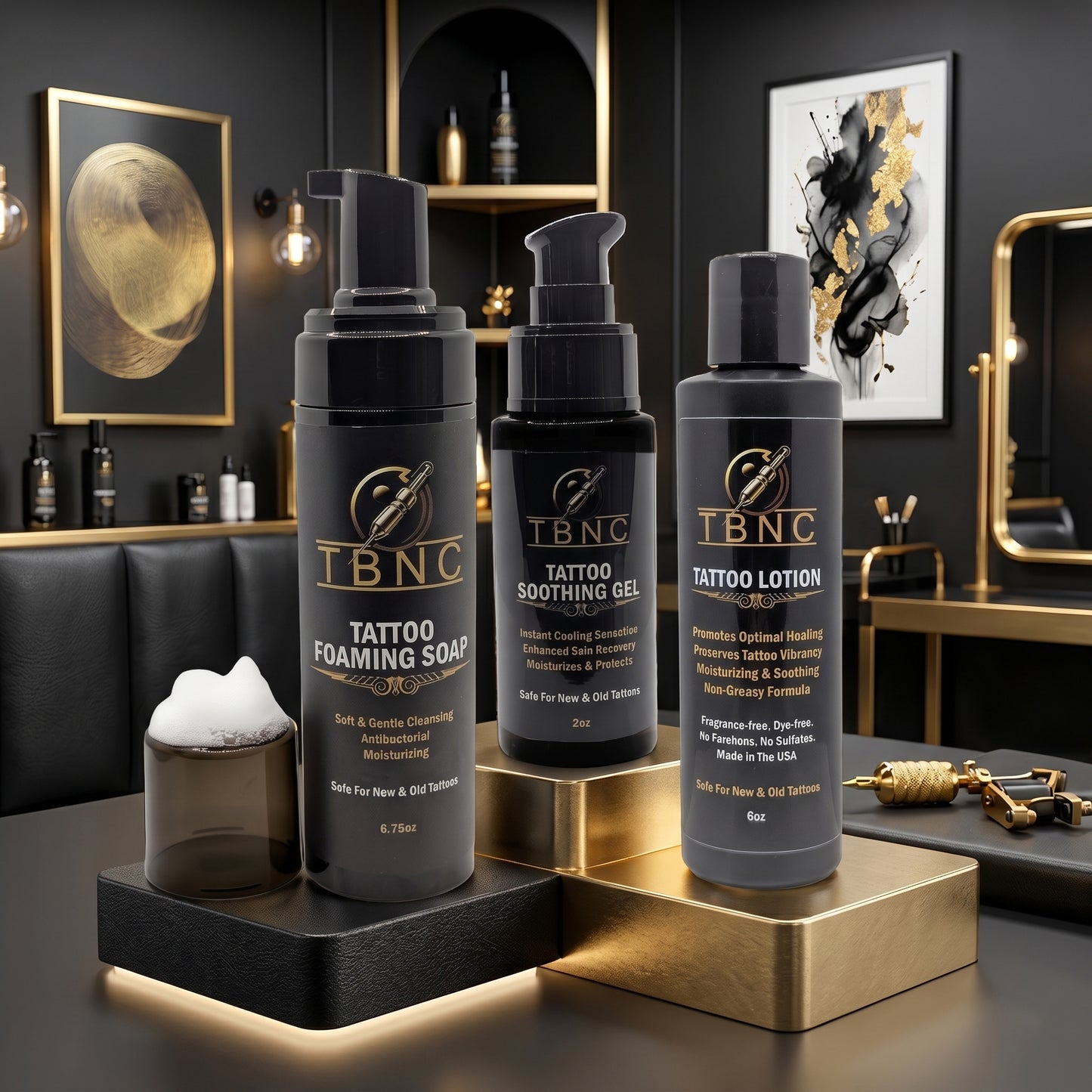 TBNC’s top-rated numbing and aftercare trio—foaming soap, gel, and lotion—shine on a luxe black and gold counter.