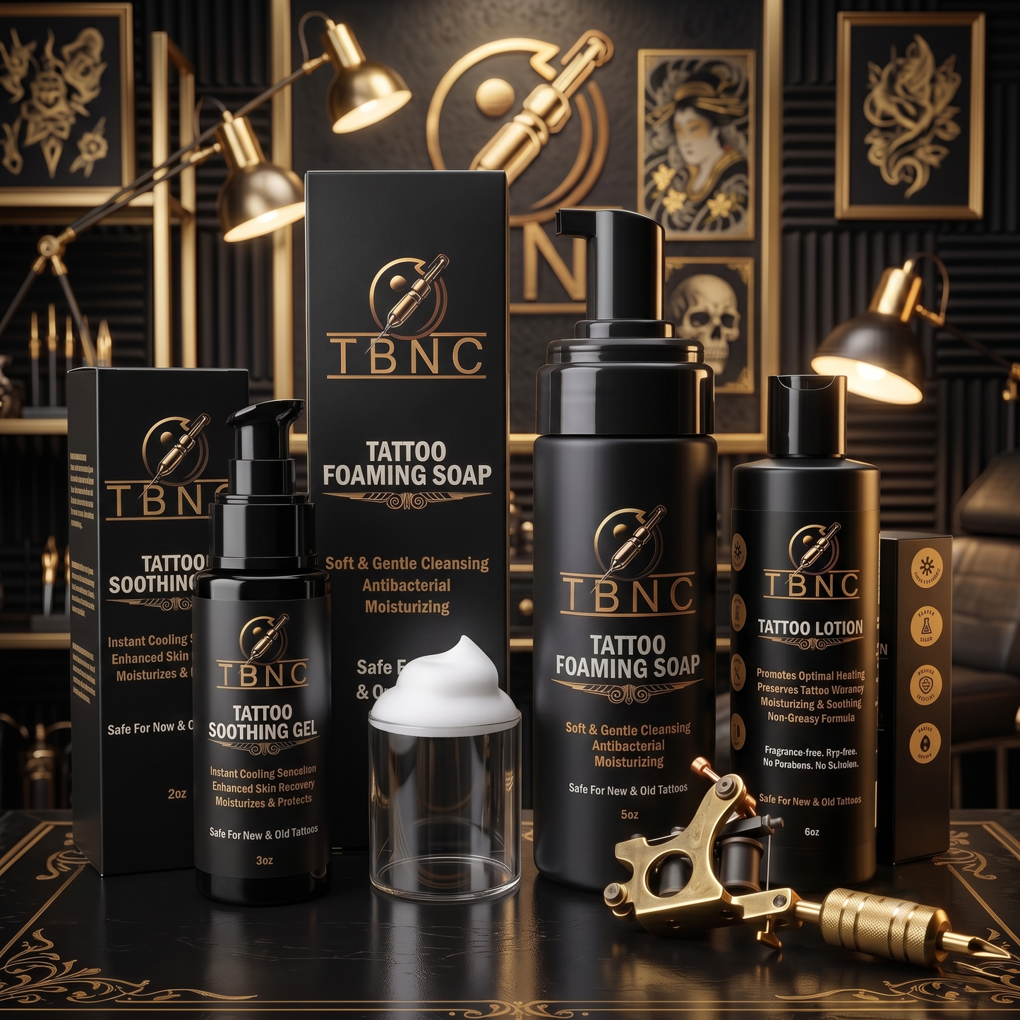 The best-selling Tattoo Aftercare Bundle from TBNC, featuring the renowned numbing cream, premium tattoo lotion, soothing foaming soap, and calming tattoo gel, is showcased alongside a professional tattoo machine and cup on a sleek table in an eye-catching, tattoo-inspired setting.