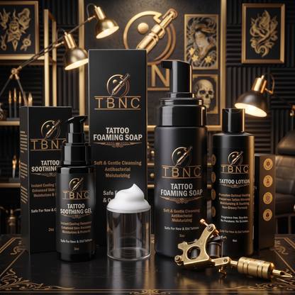 The best-selling Tattoo Aftercare Bundle from TBNC, featuring the renowned numbing cream, premium tattoo lotion, soothing foaming soap, and calming tattoo gel, is showcased alongside a professional tattoo machine and cup on a sleek table in an eye-catching, tattoo-inspired setting.
