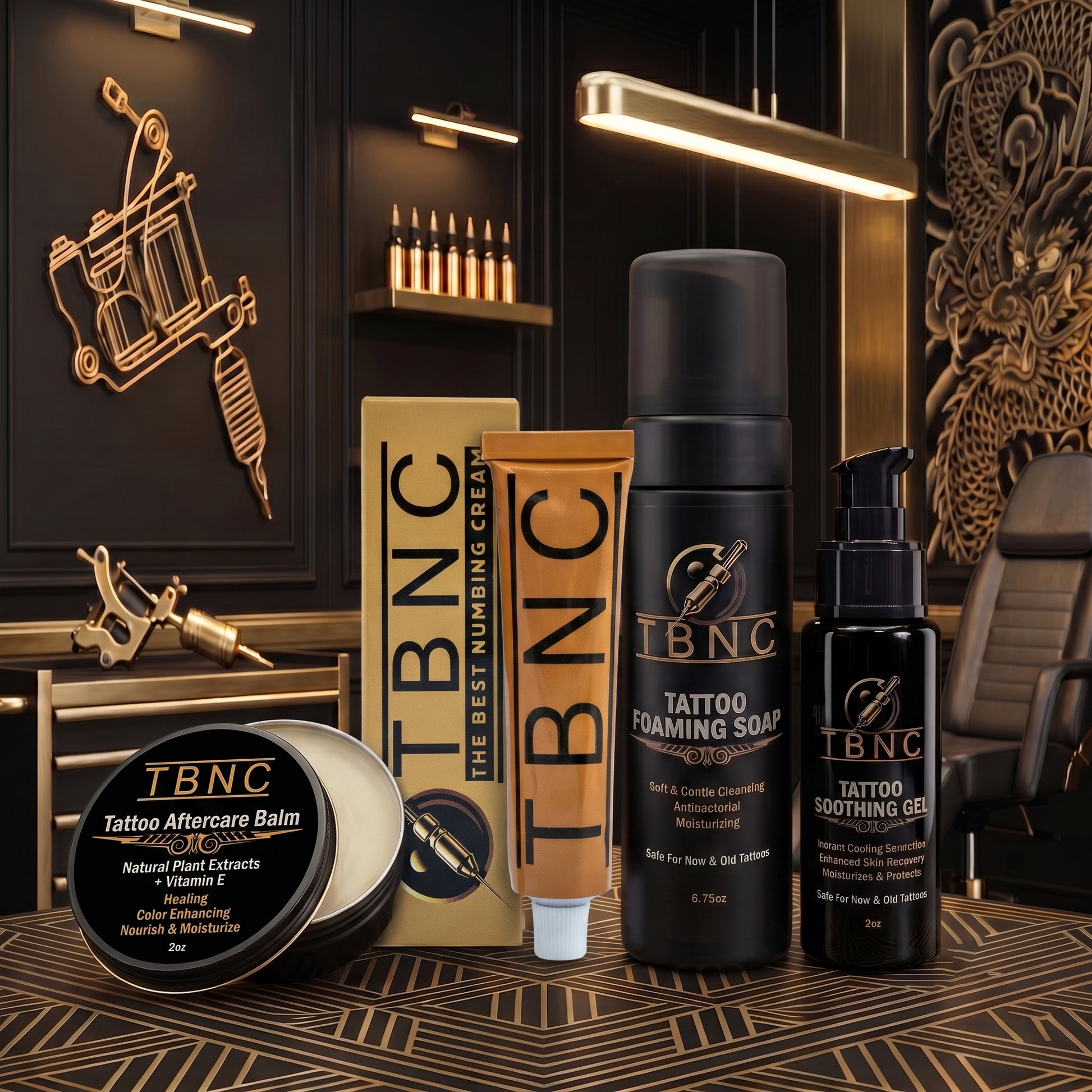 The top-rated Beginner Tattoo Bundle from TBNC – The Best Numbing Cream includes balm, powerful tattoo numbing cream, foaming soap, and soothing gel—expertly curated in a premium aftercare set. Beautifully presented on a table with professional tattoo equipment in a sleek, gold-accented studio, this bundle reflects the trusted quality and innovation found in the industry’s leading numbing and aftercare brands.