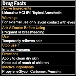 Premium drug facts label for TBNC MAX: 5% Lidocaine, top pain relief, easy use instructions. Bold black design with white/yellow text.