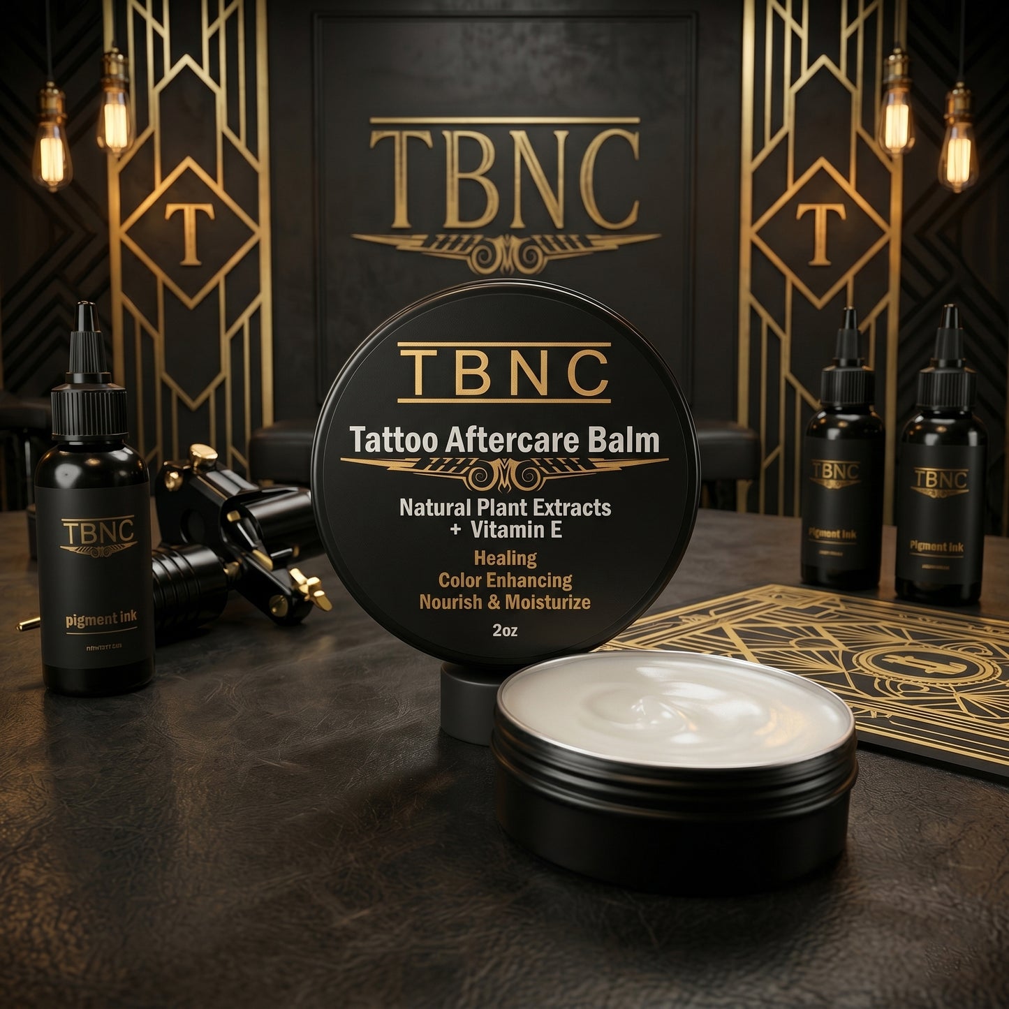Premium TBNC Numbing Cream and Aftercare Balm displayed open, surrounded by top-selling TBNC Pigment Ink bottles and bold logo.