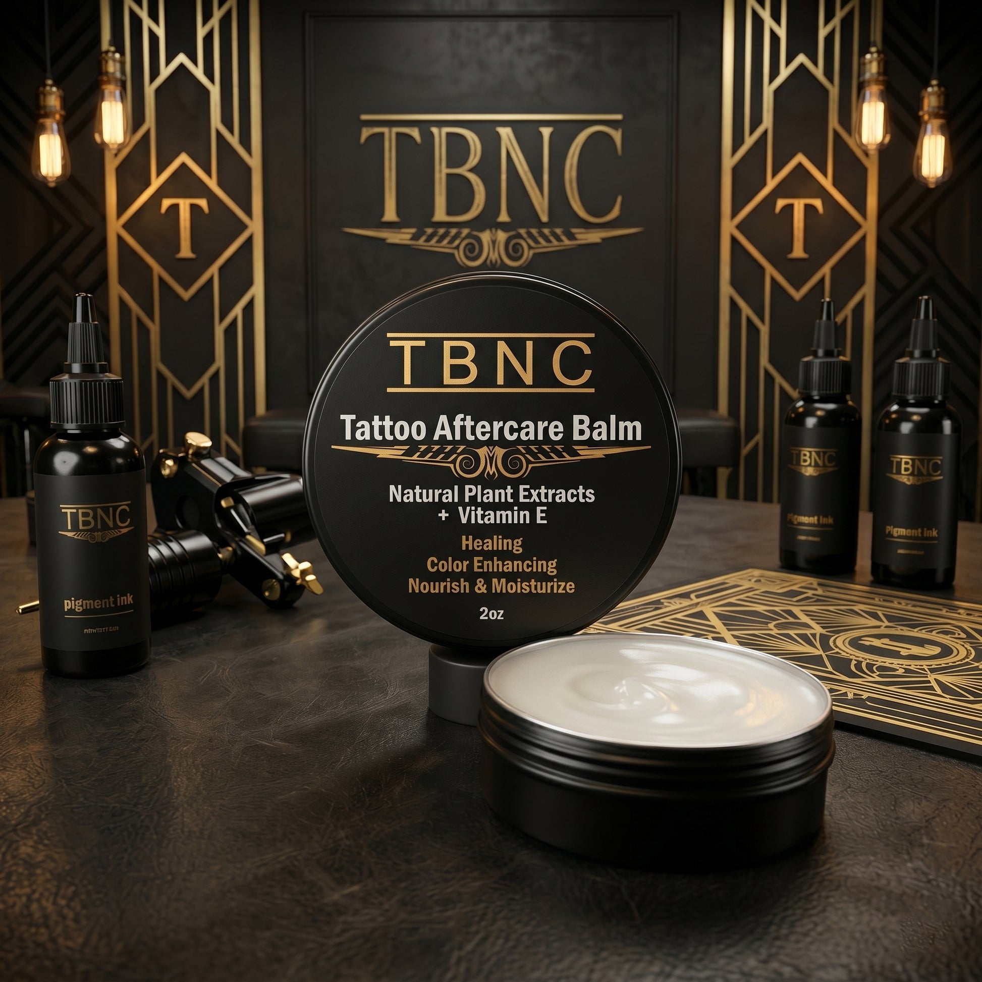 Premium TBNC Numbing Cream and Aftercare Balm displayed open, surrounded by top-selling TBNC Pigment Ink bottles and bold logo.