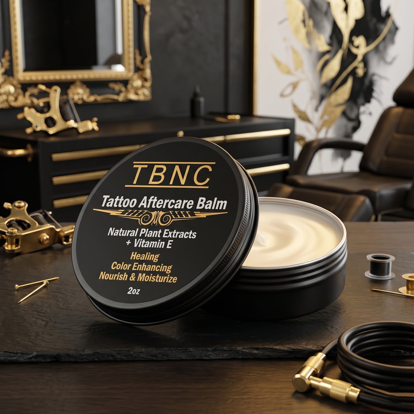 TBNC—The Best Numbing Cream Tattoo Aftercare Balm—open on a pro studio table, creamy formula shining beside inks and gear.