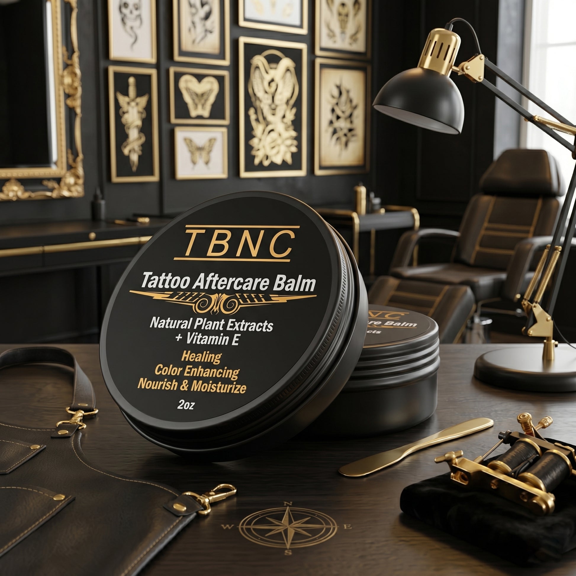A best-selling TBNC Tattoo Aftercare Balm sits on a desk in a luxe black and gold studio, renowned for superior healing results.