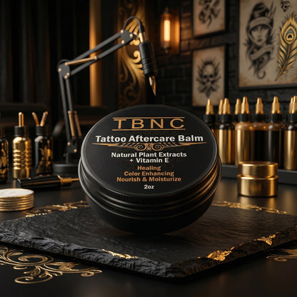 A leading TBNC Tattoo Aftercare Balm sits on a luxe black and gold table, label showcasing vitamin E for the ultimate healing.