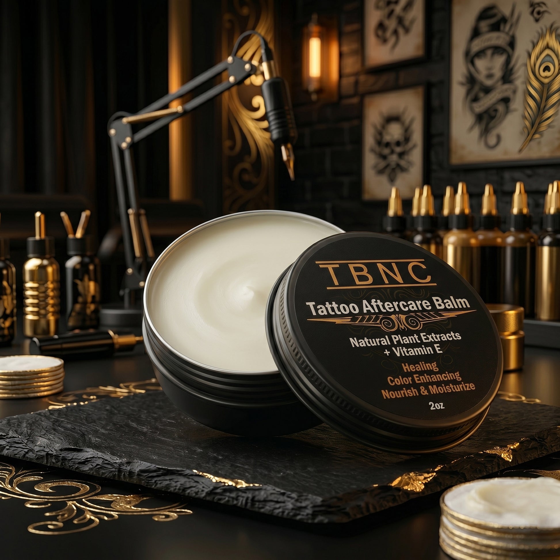 A top-selling TBNC Tattoo Aftercare Balm tin sits on stone, highlighting its plant extracts and vitamin E for superior healing.