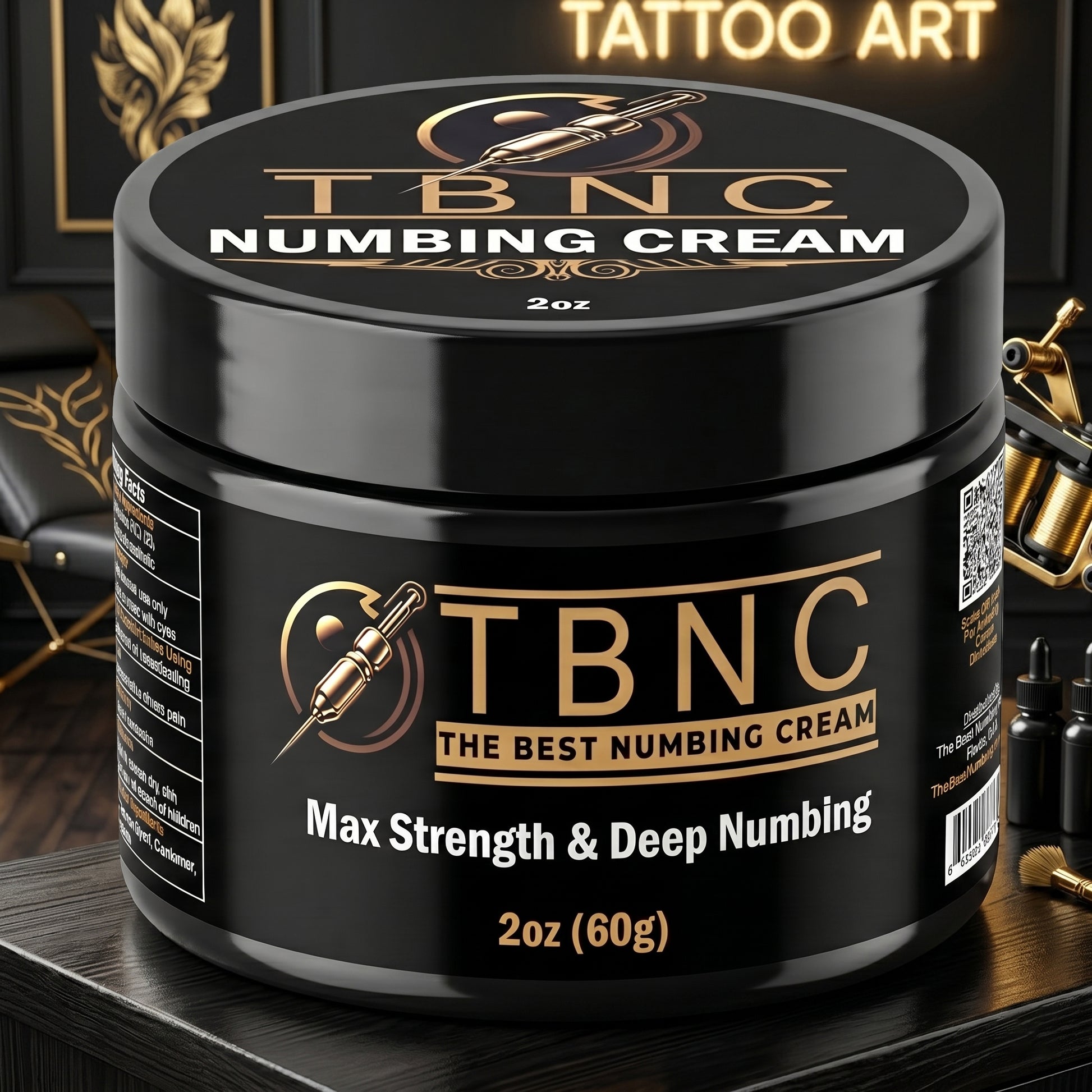 A premium black jar of TBNC Tattoo Numbing Cream MAX with tattoo machine artwork, renowned for powerful, deep, and lasting relief.