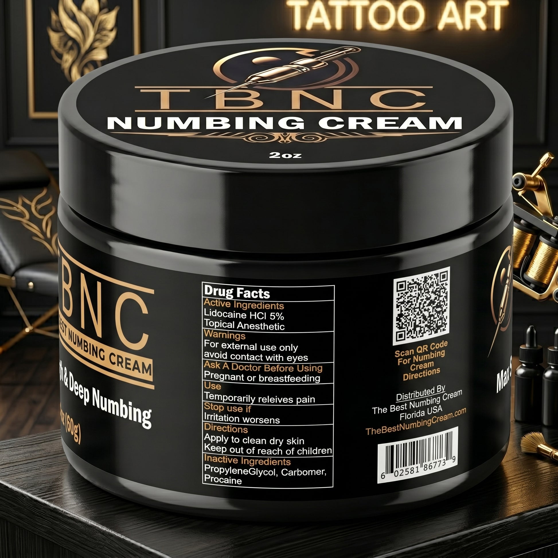 A premium black jar of TBNC Tattoo Numbing Cream MAX sits stylishly, featuring gold accents and tattoo art for a best-selling look.