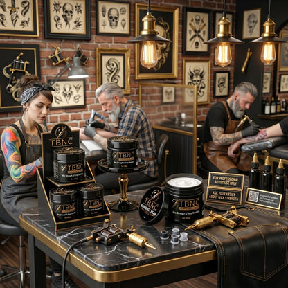 A tattoo studio with two artists at work features best-selling numbing cream and aftercare products displayed on the table.