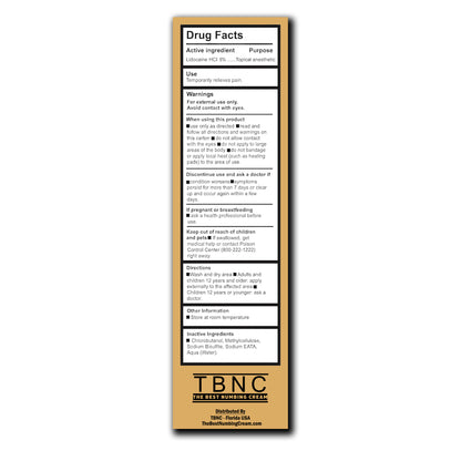 A rectangular drug facts label for TBNC Tattoo Numbing Cream XL - 2 Pack by TBNC - The Best Numbing Cream lists lidocaine HCl 4% as the active ingredient, plus uses, warnings, directions, inactive ingredients, and XL tube distribution info.