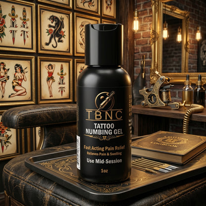 On a studio chair, TBNC Tattoo Numbing Gel sits among tattoo tools and vintage decor, boasting top-rated pain relief and comfort.