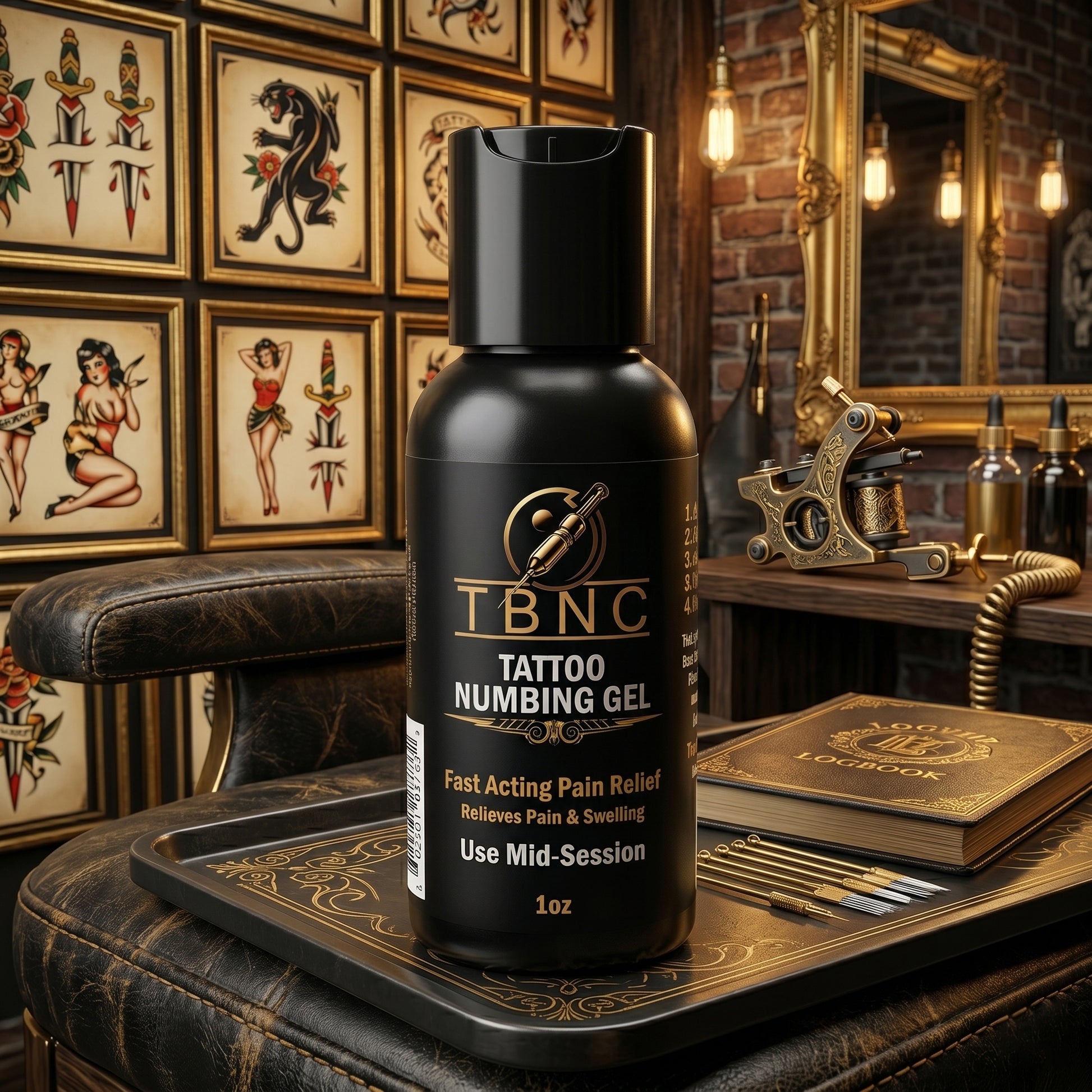 A best-selling Max Tattoo Numbing Bundle bottle by TBNC in a studio, label touting fast pain relief for tattoo sessions.