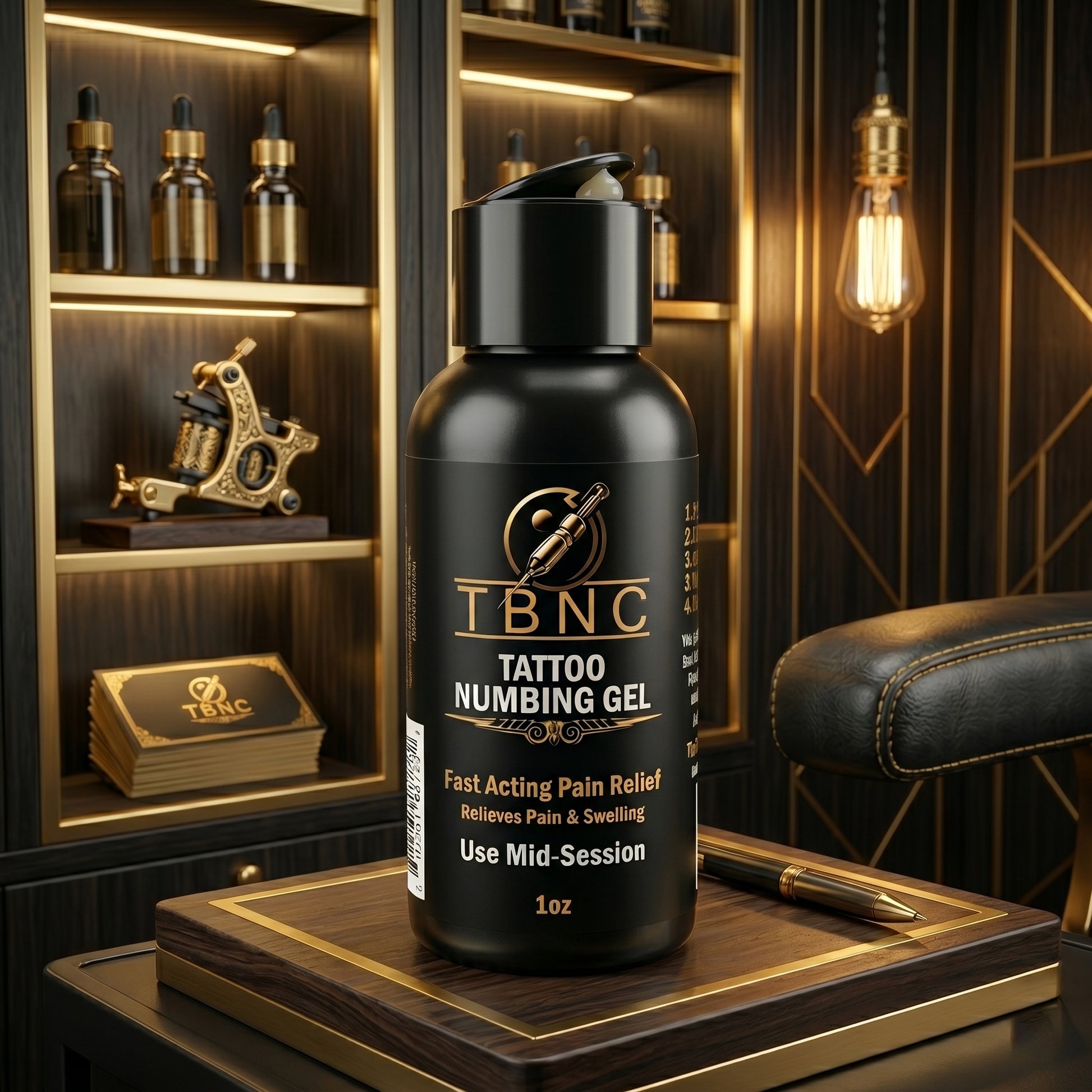 A premium TBNC numbing gel bottle sits on a wood table in a chic tattoo studio, promising rapid, effective session relief.