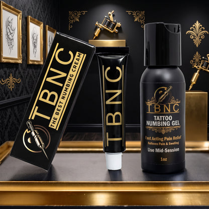 Best-selling TBNC Numbing Bundle—premium cream and gel—displayed with tattoo essentials in a luxe black-and-gold setting.
