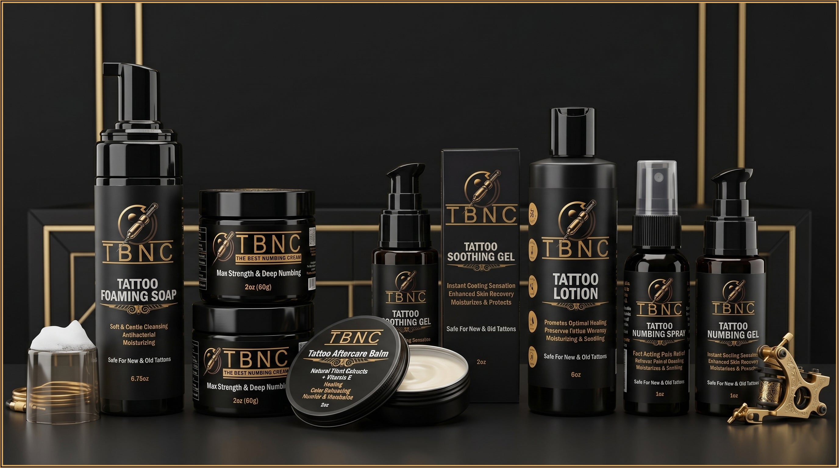Top-selling TBNC tattoo care line in sleek black and gold packaging, featuring soap, balm, lotion, gels, and ointments.
