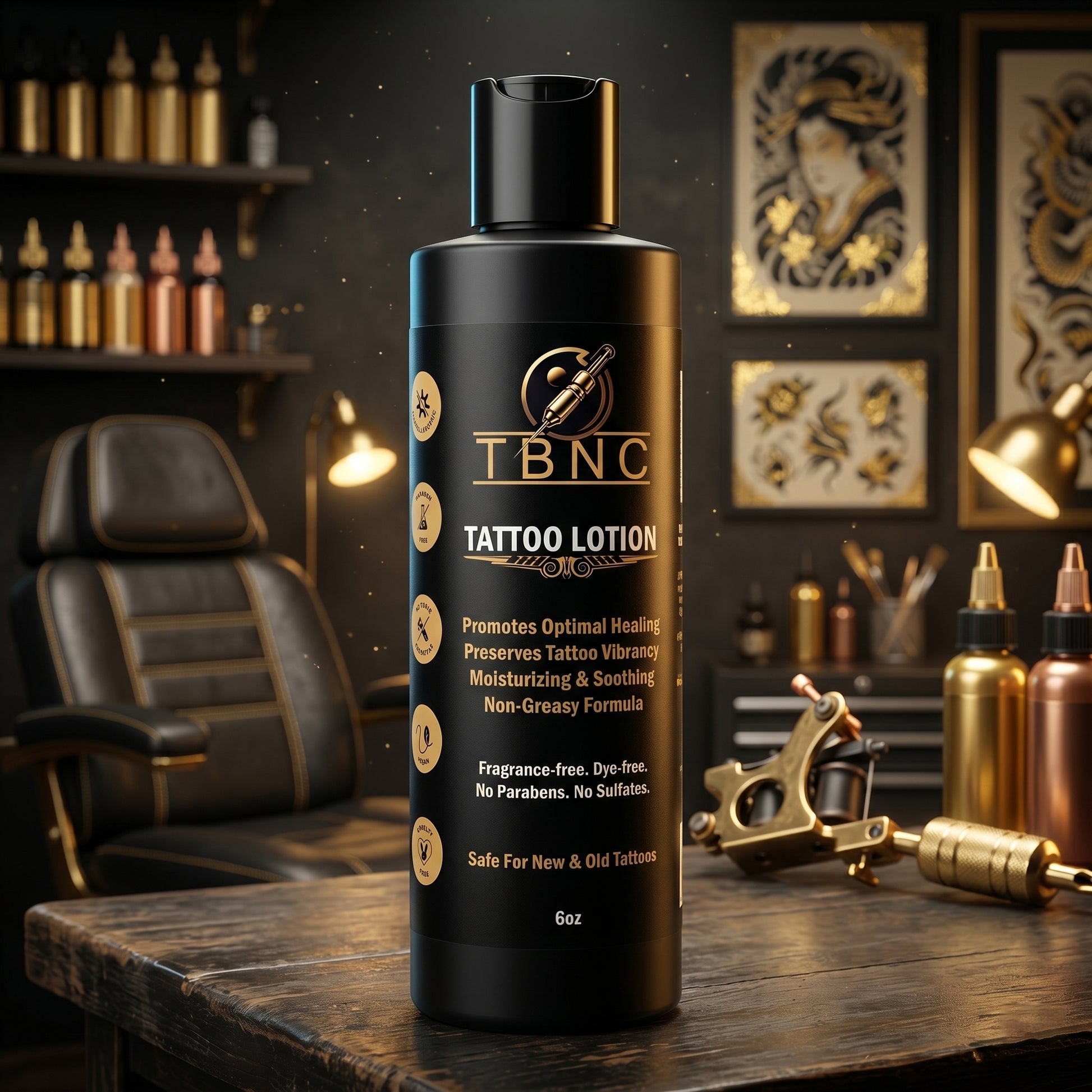 A top-rated bottle of TBNC Unscented Tattoo Aftercare Lotion on a studio table, showcasing premium healing and vibrant results.