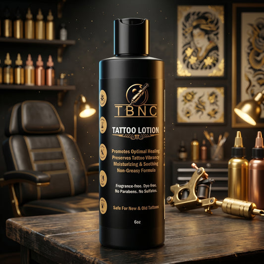 A top-rated bottle of TBNC Unscented Tattoo Aftercare Lotion on a studio table, showcasing premium healing and vibrant results.