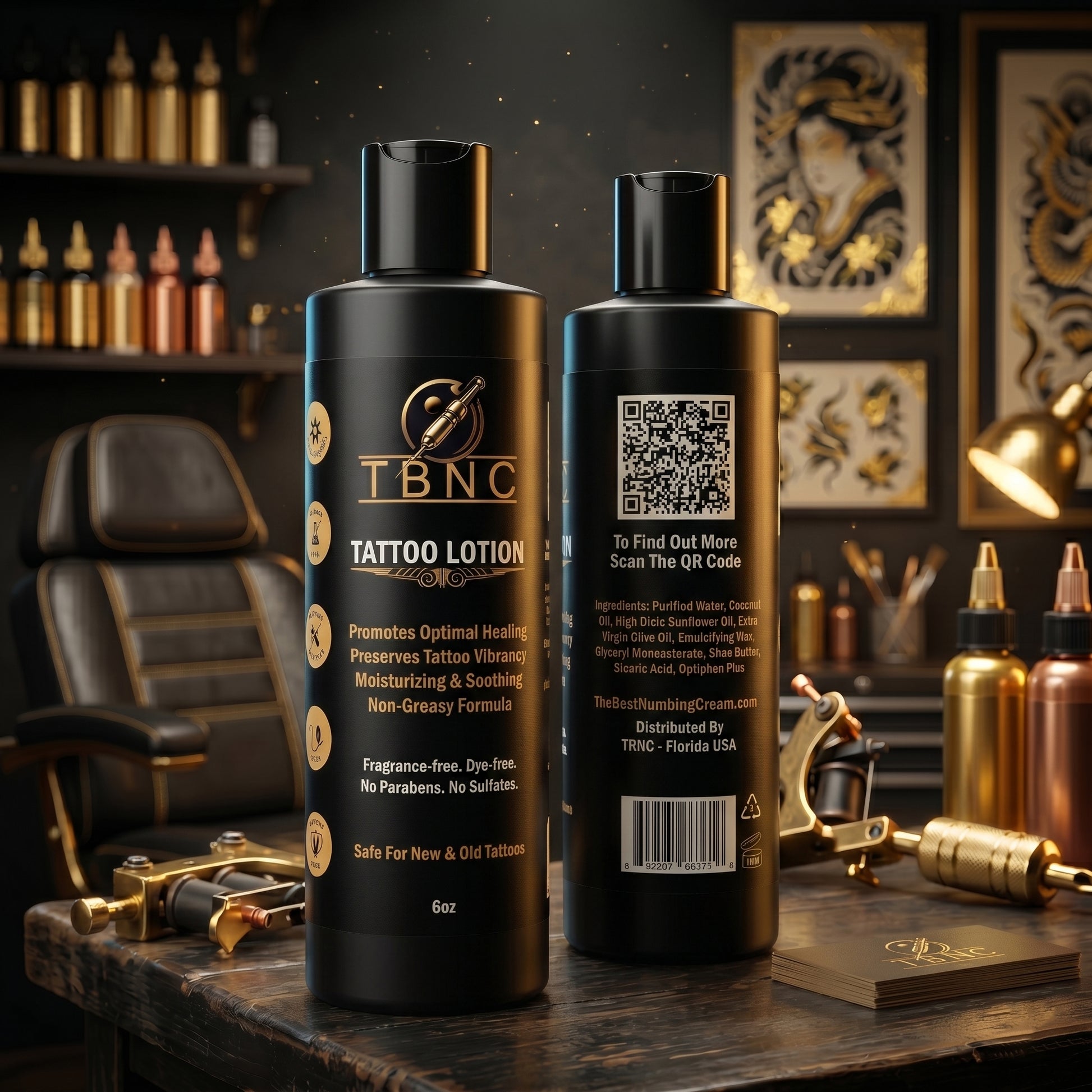 Two premium TBNC Tattoo Aftercare Lotion bottles shine, featuring benefits and directions, with tattoo tools in the background.