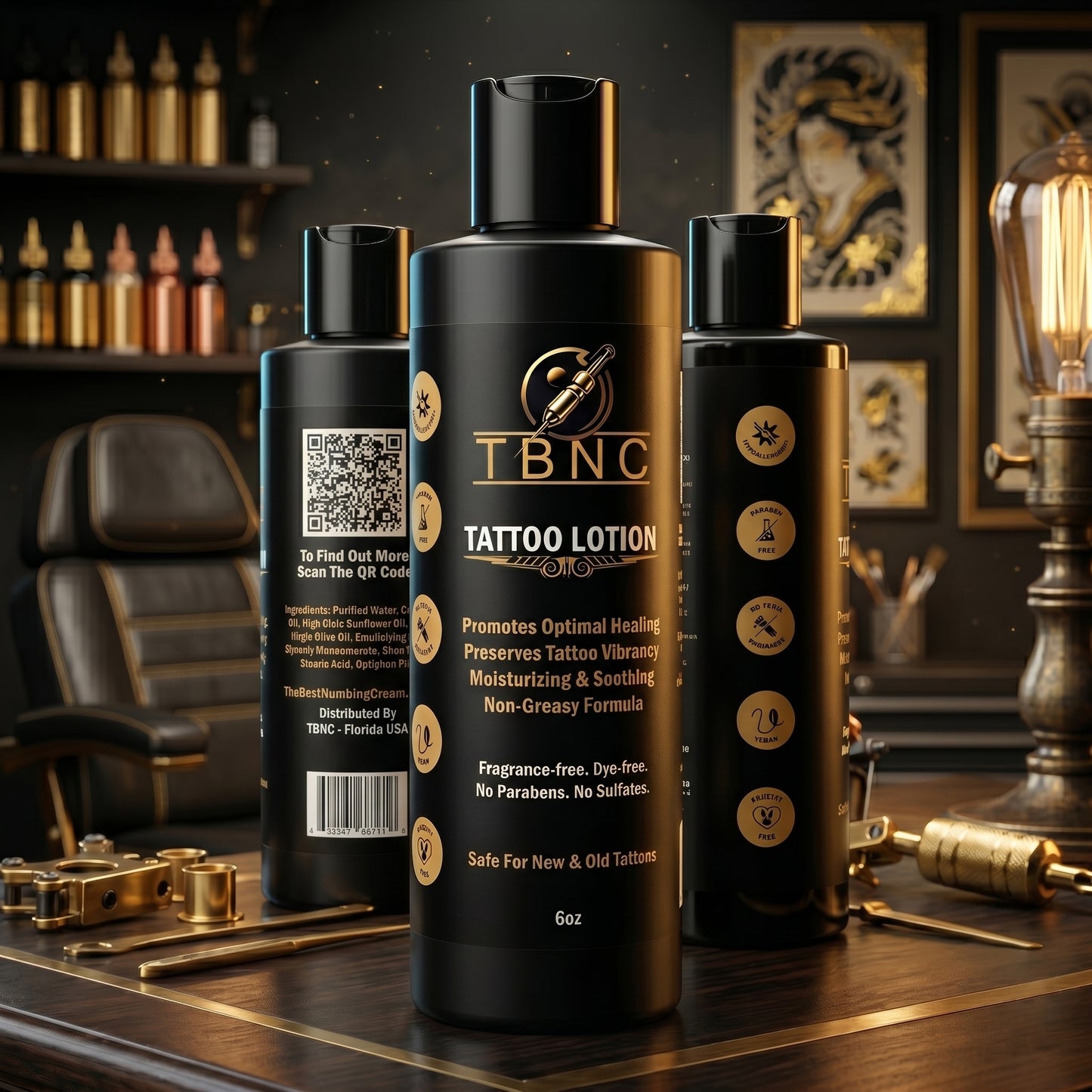 Three sleek black bottles of top-selling TBNC Tattoo Aftercare Lotion on a studio table, surrounded by tattoo designs and tools.