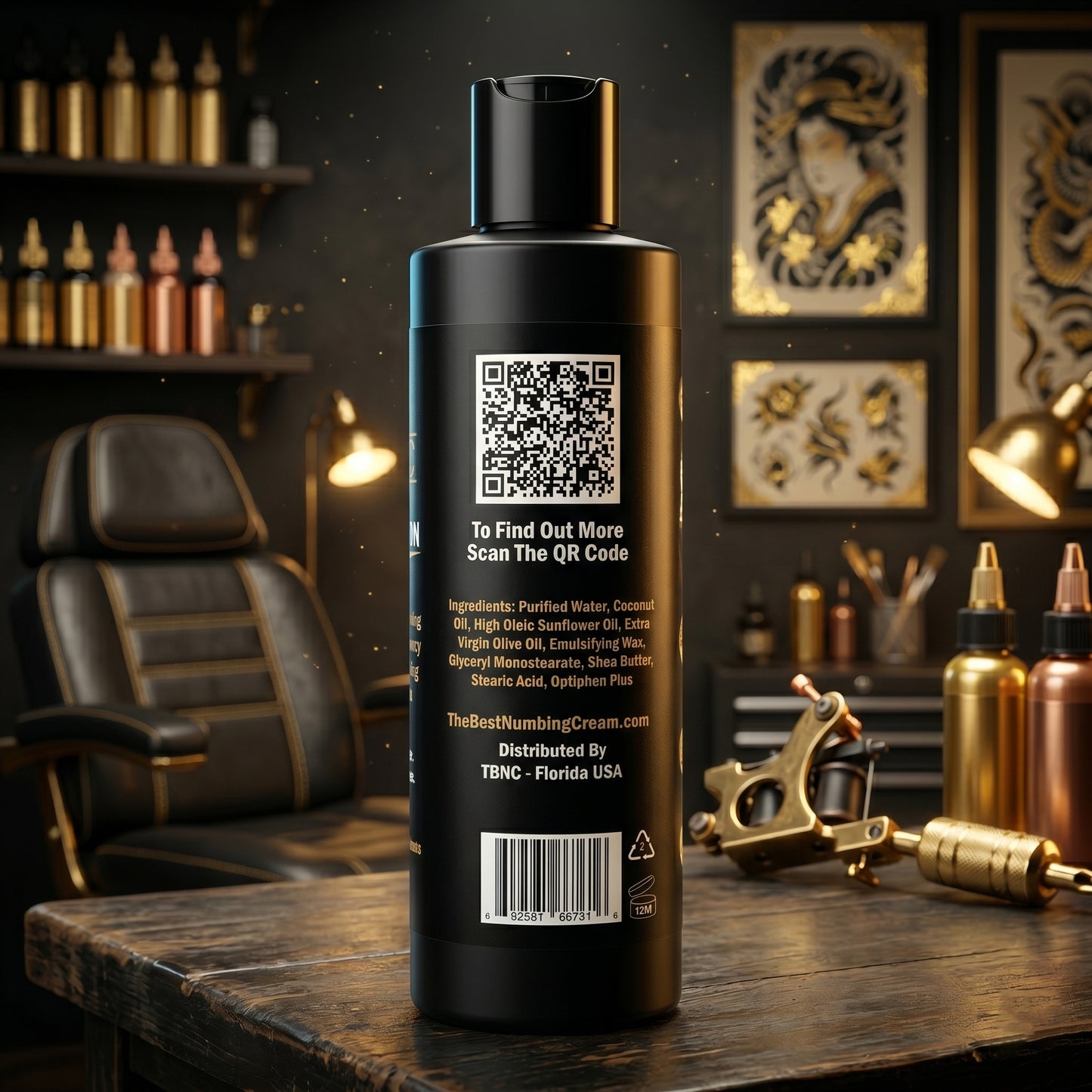 A top-selling TBNC Tattoo Aftercare Numbing Cream bottle sits in a studio among ink, machines, and art—trusted for soothing skin.