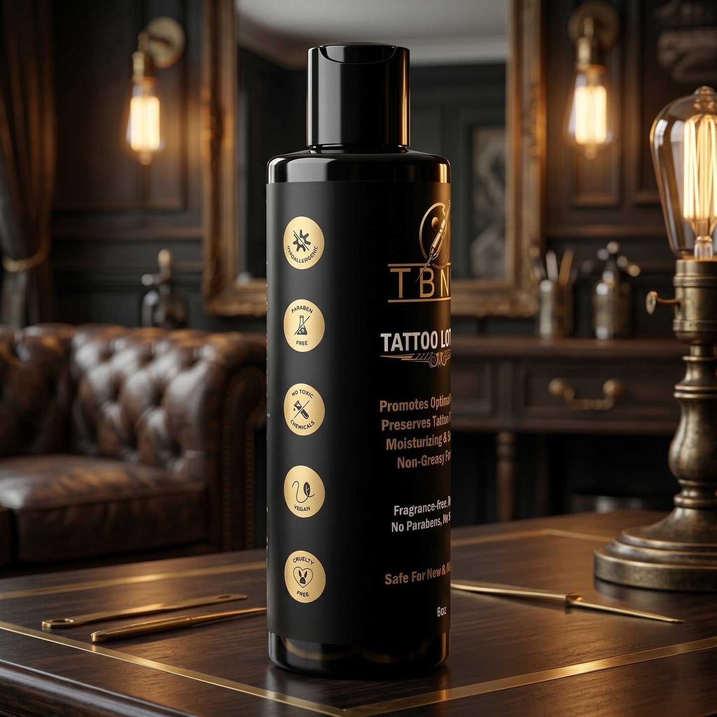 A sleek black TBNC Tattoo Numbing Cream sits on a wooden desk, gold text highlighting top aftercare benefits in a vintage setting.