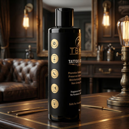A sleek black TBNC Tattoo Numbing Cream sits on a wooden desk, gold text highlighting top aftercare benefits in a vintage setting.