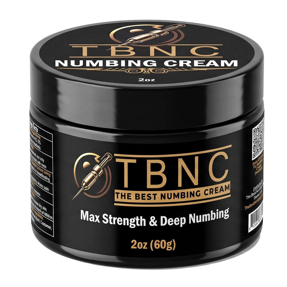 Premium black 2oz (60g) "Tattoo Numbing Cream MAX" by TBNC, gold accents, tattoo machine icon—powerful, trusted numbing cream.