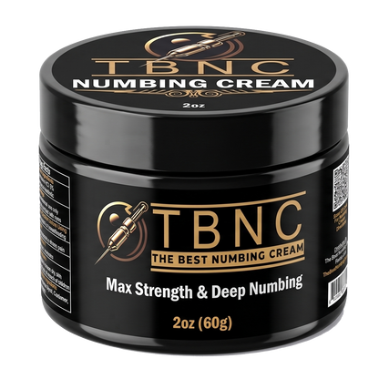 Premium black 2oz (60g) "Tattoo Numbing Cream MAX" by TBNC, gold accents, tattoo machine icon—powerful, trusted numbing cream.