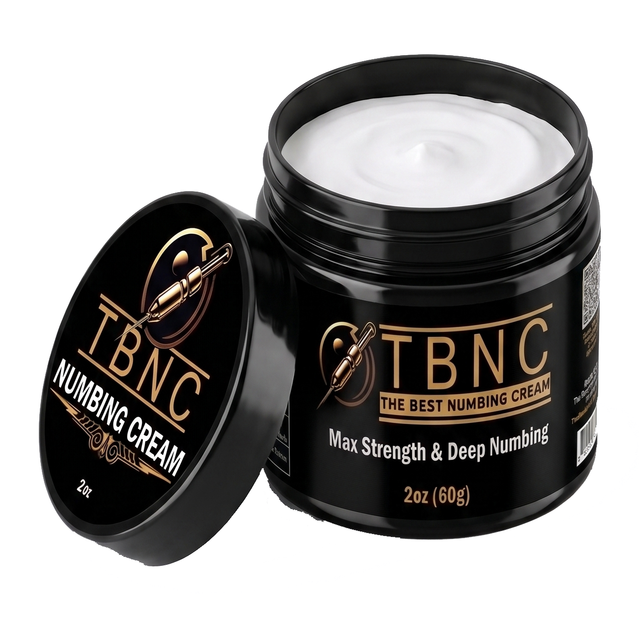 Sleek black TBNC jar open to reveal rich white cream. Luxurious gold-black label touts max strength, deep numbing, 2oz (60g).