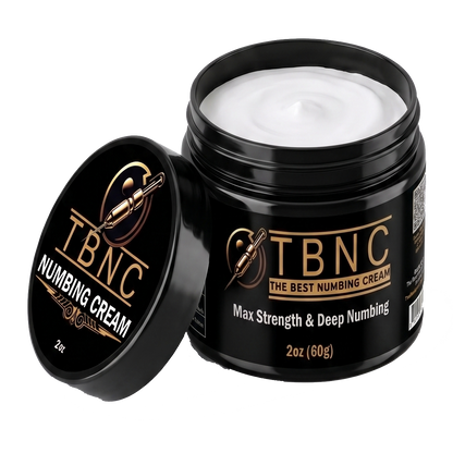 Sleek black TBNC jar open to reveal rich white cream. Luxurious gold-black label touts max strength, deep numbing, 2oz (60g).
