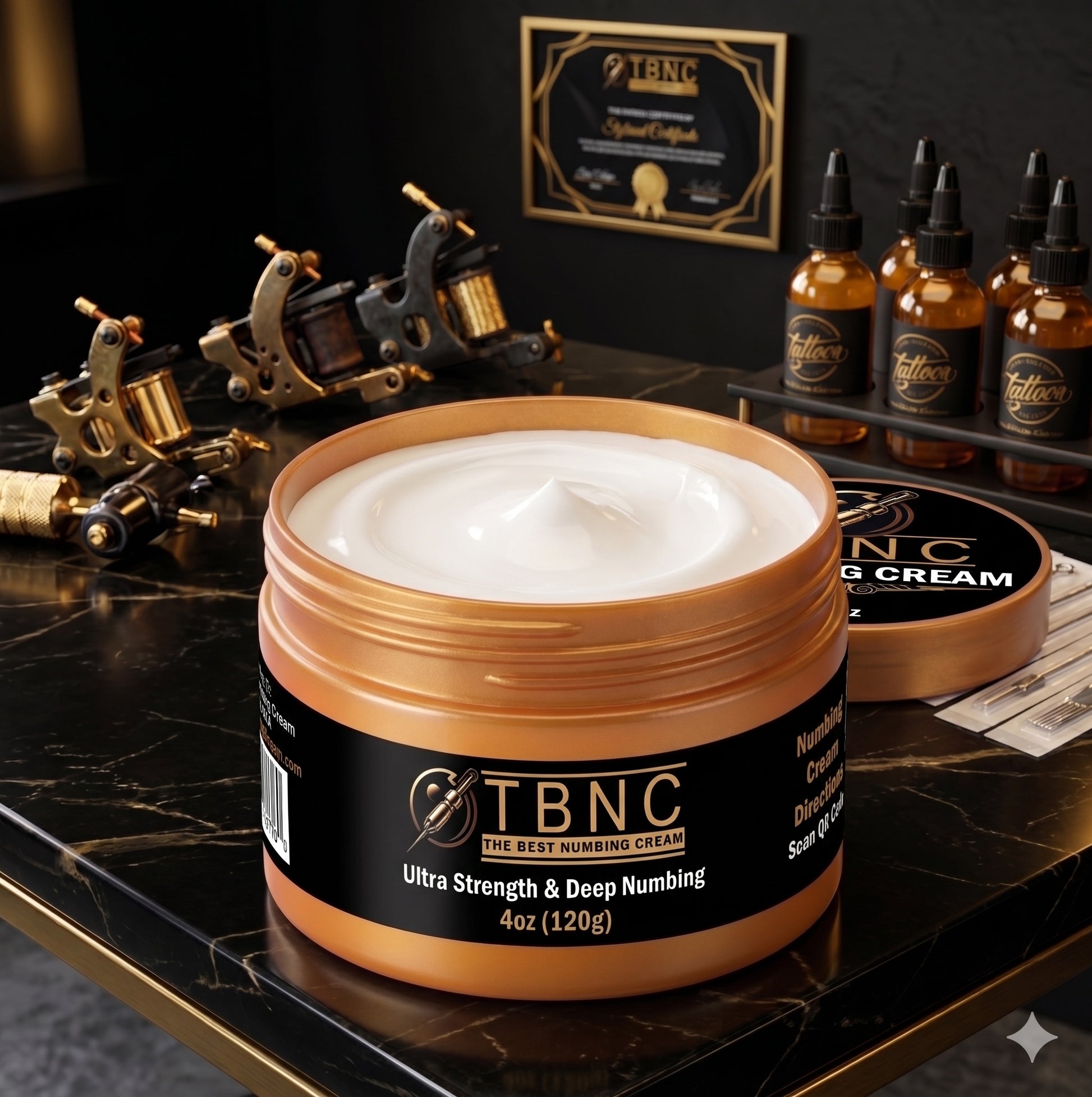 A jar of our best-selling Tattoo Numbing Cream ULTRA sits open on a marble table, the rich white cream ready for use.
