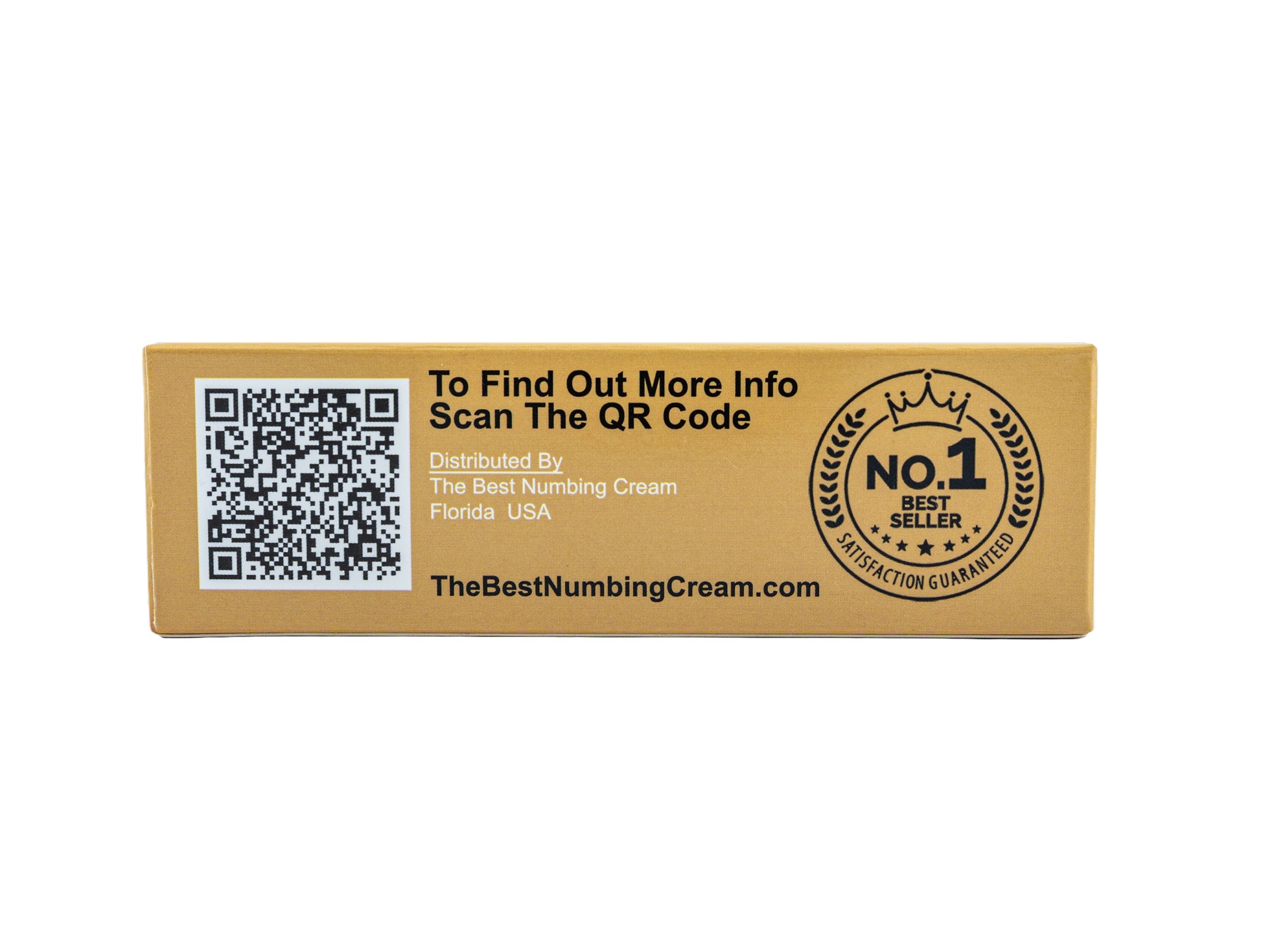A beige product box for Tattoo Numbing Cream XL by TBNC – The Best Numbing Cream, with a QR code labeled "To Find Out More Info Scan The QR Code" and a "No. 1 Best Seller" seal. Distributed in Florida, USA. TheBestNumbingCream.com.