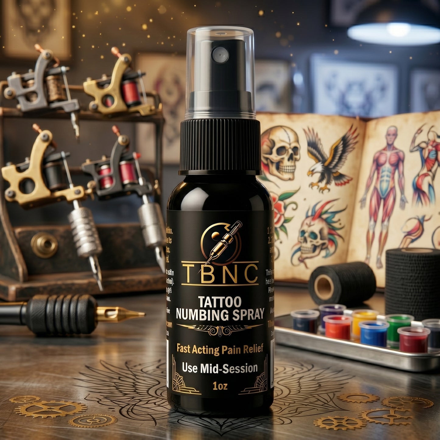 A top-selling TBNC Numbing Spray sits on a pro tattoo table near machines, inks, and a sketchbook with bold skull art.