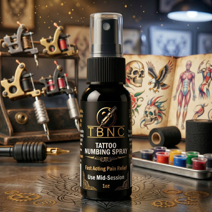 A top-selling TBNC Numbing Spray sits on a pro tattoo table near machines, inks, and a sketchbook with bold skull art.
