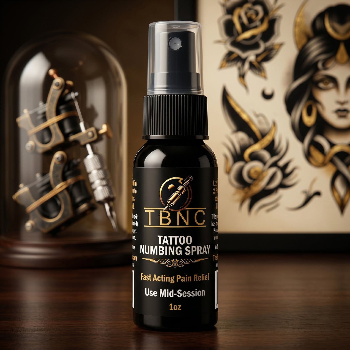 Best-selling TBNC Tattoo Numbing Spray on display with a tattoo machine and artwork, trusted for fast, maximum pain relief.