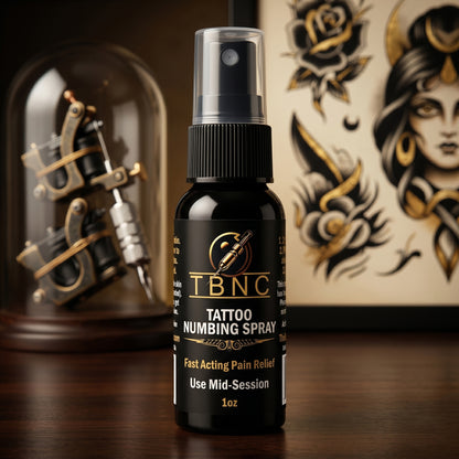 Best-selling TBNC Tattoo Numbing Spray on display with a tattoo machine and artwork, trusted for fast, maximum pain relief.