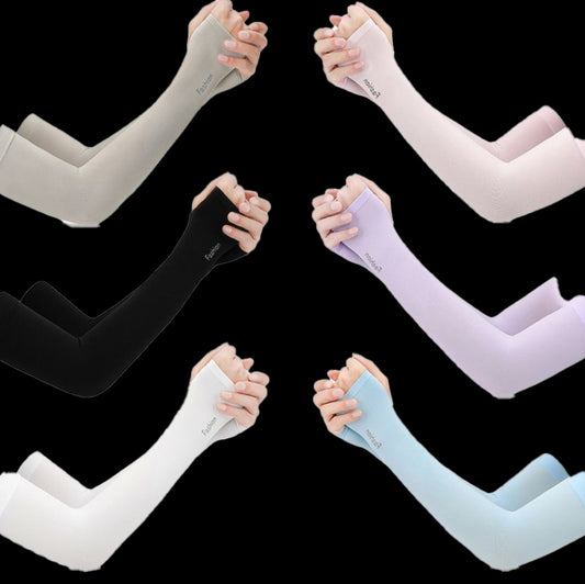 Six pairs of hands wear TBNC TattooGuard SPF Sun Protection Sleeves in beige, black, white, pink, lavender, and light blue against a black background—delivering stylish UV and tattoo protection.