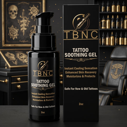 TBNC - The Best Numbing Cream Tattoo Soothing Gel sits on a studio table, standing out as the ultimate tattoo aftercare essential.