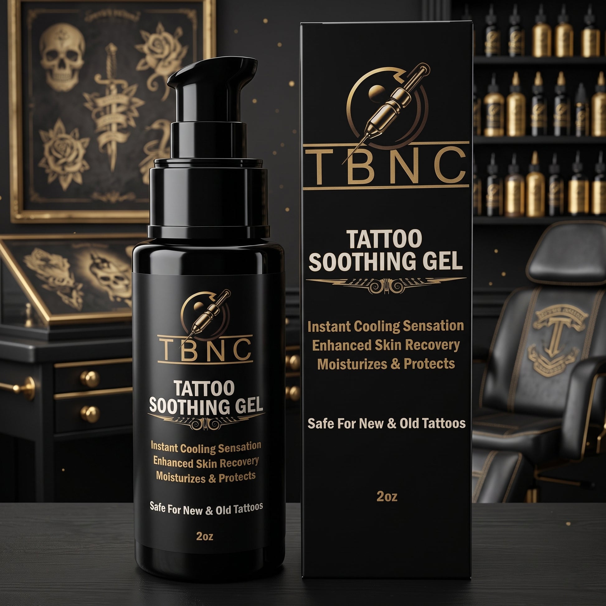 A sleek black bottle and box of TBNC - The Best Numbing Cream’s Tattoo Aftercare Bundle are displayed on a dark countertop in a stylish tattoo studio, highlighted by eye-catching gold text and artistic tattoo-inspired accents in the background. This premium aftercare duo stands out as a must-have favorite for professionals, placing TBNC alongside leading best-selling brands in tattoo numbing and aftercare.