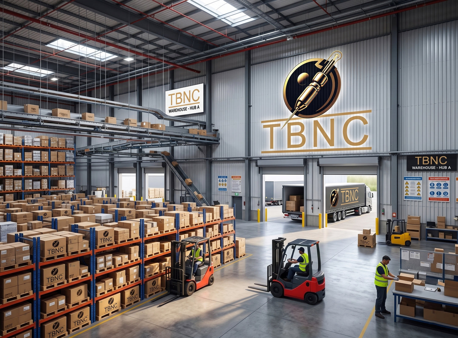 A busy warehouse stocked with tattoo numbing and aftercare products, “TBNC” branding on shelves, truck, and wall logo.
